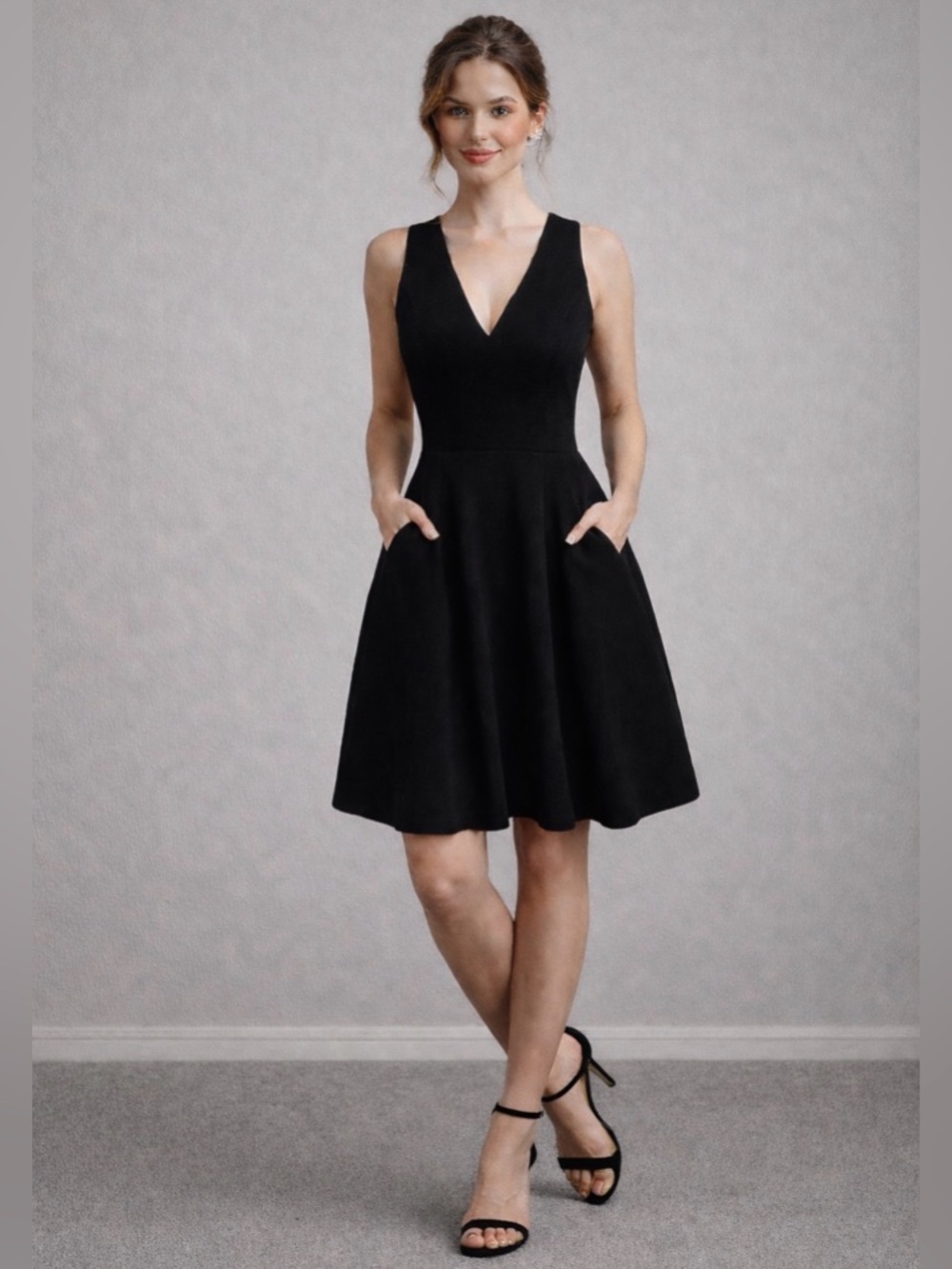 Dress the Population Black Fit & Flare V-Neck Dress with Pockets - Size Large
